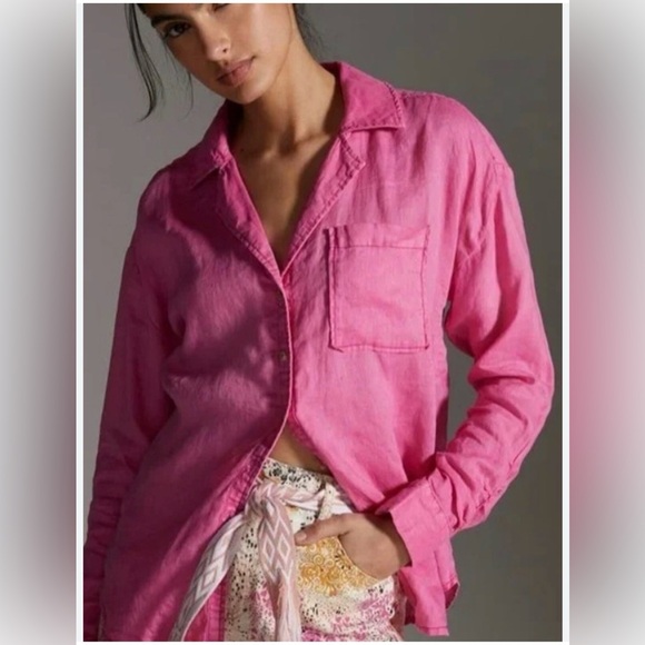 Maeve Tops - Maeve Anthropologie 100% linen oversized pink XS button down blouse